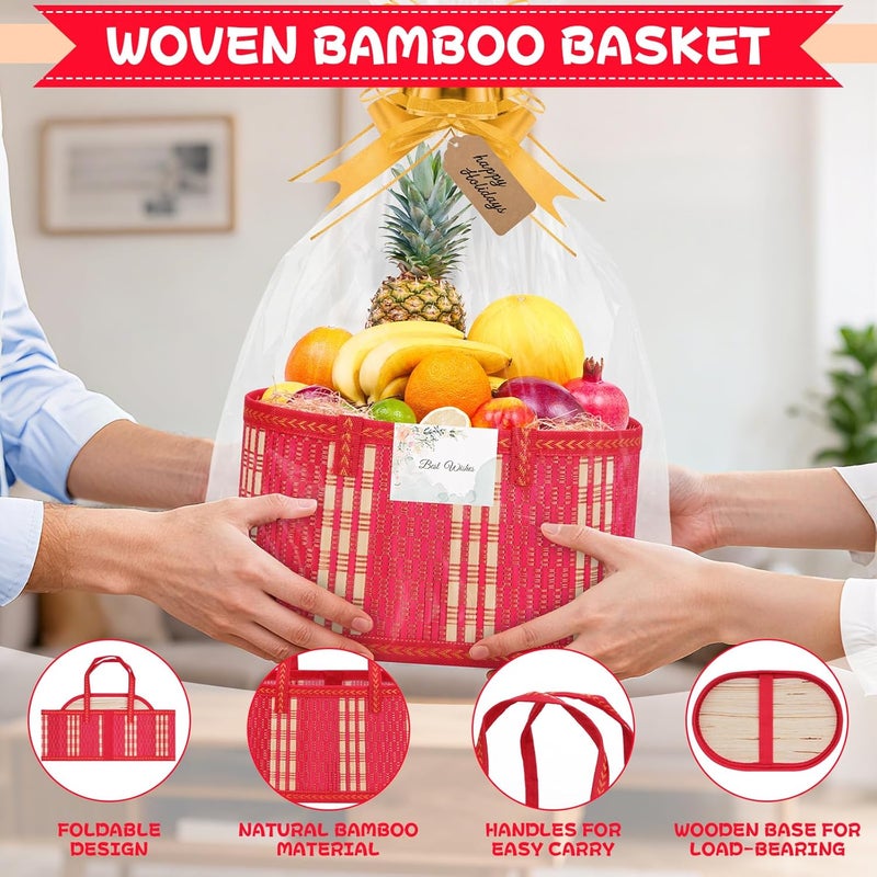 SelfTek 3 Pack Baskets for Gifts Empty, Woven Bamboo G-ift Basket Kit with Wrap Bags, Gift Card, Raffia and Pull Bows, Gifts Baskets for Birthday, Wedding, 30 x 20 x 15 cm-Red - Image 4